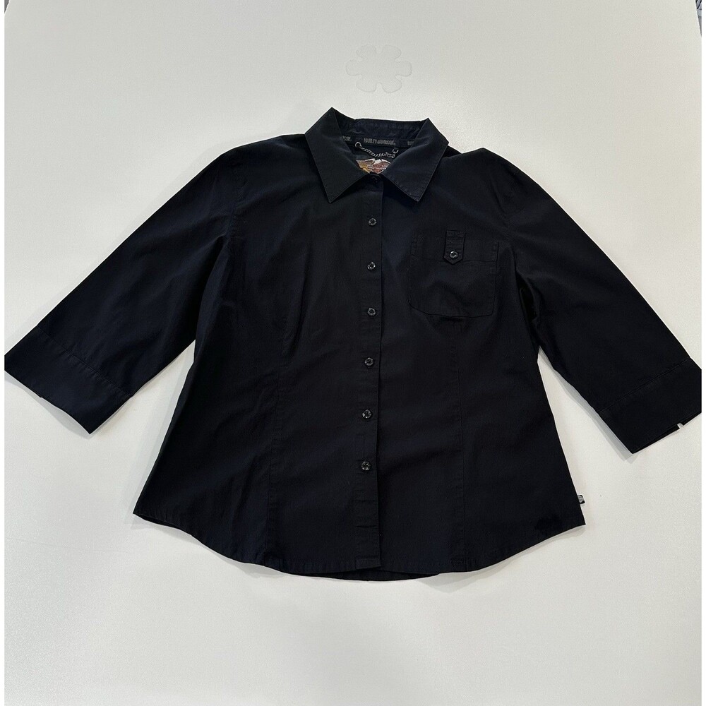 Harley Davidson Women's Black 3/4 Sleeve Button Down Shirt Blouse Pocket Size L